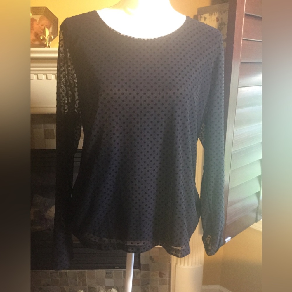 Navy blue long sleeve top with sheer Swiss dot overlay. Size M NWOT